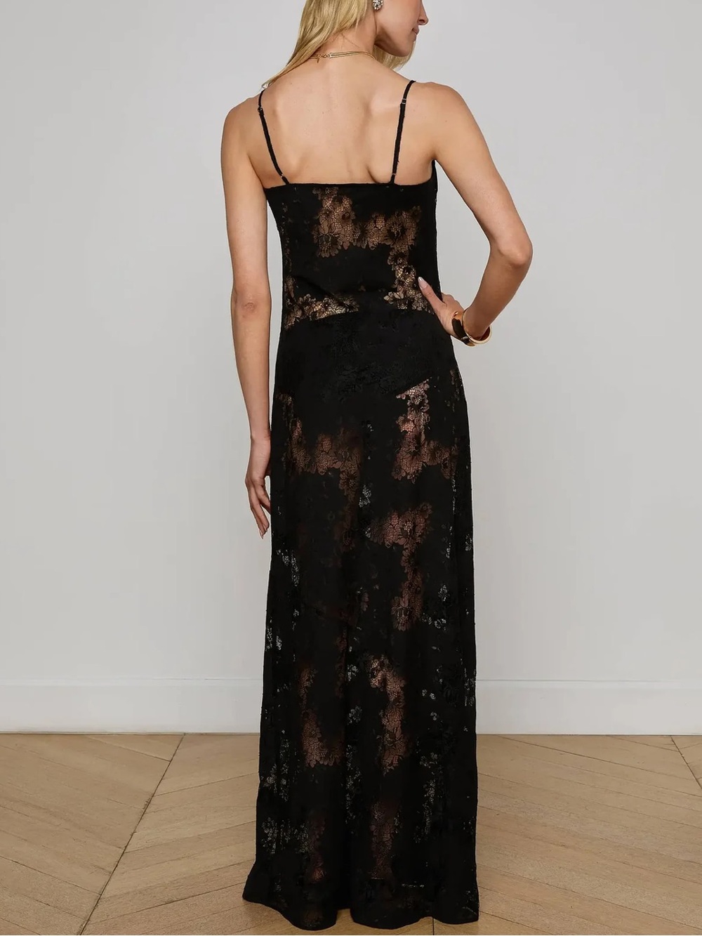 L'AGENCE Black Sheer Floral Slip Maxi Dress - Picture 2 of 3
